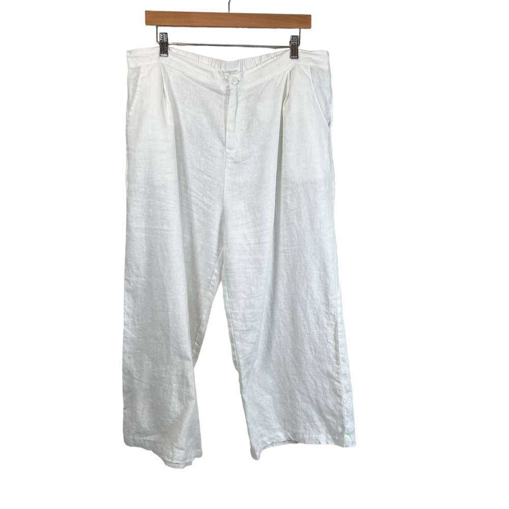White Linen Wide Leg Cropped Pants Lagenlook Women's XL